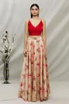 Kommal Sood_Beige Dupion Elephant And Floral V Neck Print Lehenga Set _Online_at_Aza_Fashions