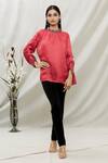 Buy_Kommal Sood_Red Satin Embellished Stone High Neck Top _at_Aza_Fashions
