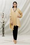Buy_Kommal Sood_Beige Satin Embellished Stone V Neck Asymmetric Tunic  _at_Aza_Fashions