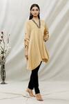 Shop_Kommal Sood_Beige Satin Embellished Stone V Neck Asymmetric Tunic  _Online_at_Aza_Fashions