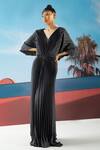 Buy_Pleats by Aruni_Grey Crepe Satin V Neck Pleated Wing Sleeve Gown _at_Aza_Fashions