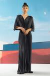 Shop_Pleats by Aruni_Grey Crepe Satin V Neck Pleated Wing Sleeve Gown _at_Aza_Fashions