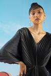 Shop_Pleats by Aruni_Grey Crepe Satin V Neck Pleated Wing Sleeve Gown _Online_at_Aza_Fashions