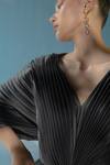 Pleats by Aruni_Grey Crepe Satin V Neck Pleated Wing Sleeve Gown _at_Aza_Fashions