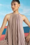 Shop_Pleats by Aruni_Pink Crepe Halter Neck Colourblock Pleated Tunic _Online_at_Aza_Fashions