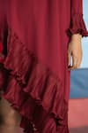 Shop_Pleats By Aruni_Maroon Crepe Round Asymmetric Ruffle Hem Dress _Online_at_Aza_Fashions