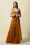 Buy_Asaga_Yellow Crop Top Silk Embroidery Thread Pavitra Cape And Draped Skirt Set _Online_at_Aza_Fashions