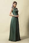 Asaga_Green Chiffonlining Shantoon Boat Neck Gamya Draped Ruched Gown _Online_at_Aza_Fashions