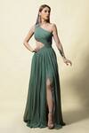 Buy_Asaga_Green Georgettelining Shantoon Boat Neck Sevya One Shoulder Ruched Gown _at_Aza_Fashions
