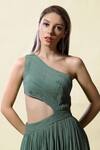 Shop_Asaga_Green Georgettelining Shantoon Boat Neck Sevya One Shoulder Ruched Gown _Online_at_Aza_Fashions