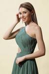 Asaga_Green Georgettelining Shantoon Boat Neck Sevya One Shoulder Ruched Gown _at_Aza_Fashions