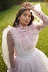 Dania Siddiqui_White Organza, Lycra Polka Dots High Neck Blouse _at_Aza_Fashions