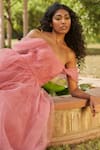 Dania Siddiqui_Pink Organza, Tulle, Satin, Corset Bustier Dot Off Shoulder Pleated Dress _Online_at_Aza_Fashions