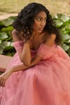 Buy_Dania Siddiqui_Pink Organza, Tulle, Satin, Corset Bustier Dot Off Shoulder Pleated Dress _Online_at_Aza_Fashions