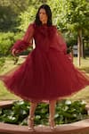 Buy_Dania Siddiqui_Maroon Organza, Tulle, Satin Dot High Neck Puffed Sleeve Pleated Dress _at_Aza_Fashions