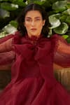 Buy_Dania Siddiqui_Maroon Organza, Tulle, Satin Dot High Neck Puffed Sleeve Pleated Dress _Online_at_Aza_Fashions