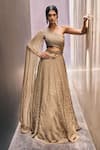 Buy_Charu and Vasundhara_Beige Organza Embroidered Geometric Motifs One Shoulder Racheal Draped Gown _at_Aza_Fashions