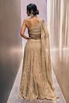 Shop_Charu and Vasundhara_Beige Organza Embroidered Geometric Motifs One Shoulder Racheal Draped Gown _at_Aza_Fashions