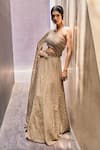 Charu and Vasundhara_Beige Organza Embroidered Geometric Motifs One Shoulder Racheal Draped Gown _Online_at_Aza_Fashions