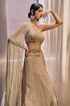 Buy_Charu and Vasundhara_Beige Organza Embroidered Geometric Motifs One Shoulder Racheal Draped Gown _Online_at_Aza_Fashions