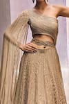 Shop_Charu and Vasundhara_Beige Organza Embroidered Geometric Motifs One Shoulder Racheal Draped Gown _Online_at_Aza_Fashions