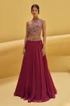 Buy_Charu and Vasundhara_Pink Organza Embroidered Floral Motifs One Shoulder Raquel Skirt And Blouse Set _at_Aza_Fashions