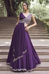 Charu and Vasundhara_Purple Blouse Tussar Embroidered Floral Rupanzel Draped Jacket And Lehenga Set _Online_at_Aza_Fashions