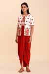 Buy_Pasha India_Red Rayon Slub Floral Motifs Round Jiya Draped Skirt Set With Jacket_at_Aza_Fashions