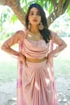 Laxmishriali_Pink Organza, Satin Floral Blouse Cowl Neck, Jacket Open Print And Skirt Set _Online_at_Aza_Fashions