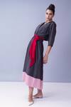 House Of Behram_Grey 100% Mercerised Cotton And Italian Satin Plain Colorblock Trench Dress _Online_at_Aza_Fashions