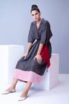 Buy_House Of Behram_Grey 100% Mercerised Cotton And Italian Satin Plain Colorblock Trench Dress _Online_at_Aza_Fashions