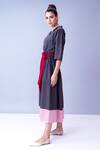 Shop_House Of Behram_Grey 100% Mercerised Cotton And Italian Satin Plain Colorblock Trench Dress _Online_at_Aza_Fashions