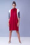 Buy_House Of Behram_Red Body  Italian Satin, Shoulders Moss Crepe, Sleeves 100% Colorblock Dress _at_Aza_Fashions