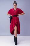 Buy_House Of Behram_Red 100% Mercerised Cotton And Italian Satin Thread Collared Neck Asymmetric Dress _at_Aza_Fashions