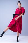 Buy_House Of Behram_Red 100% Mercerised Cotton And Italian Satin Thread Collared Neck Asymmetric Dress _Online_at_Aza_Fashions