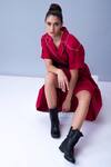 Shop_House Of Behram_Red 100% Mercerised Cotton And Italian Satin Thread Collared Neck Asymmetric Dress _Online_at_Aza_Fashions