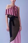 House Of Behram_Pink Moss Crepe, Italian Satin Striped Asymmetric One Shoulder Overlay Dress _at_Aza_Fashions