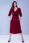 Buy_House Of Behram_Red Moss Crepe Plain V Neck Pleated Puffed Sleeve Dress _at_Aza_Fashions