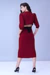 Shop_House Of Behram_Red Moss Crepe Plain V Neck Pleated Puffed Sleeve Dress _at_Aza_Fashions