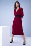 House Of Behram_Red Moss Crepe Plain V Neck Pleated Puffed Sleeve Dress _Online_at_Aza_Fashions