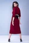 Buy_House Of Behram_Red Moss Crepe Plain V Neck Pleated Puffed Sleeve Dress _Online_at_Aza_Fashions