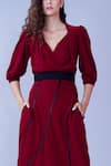 Shop_House Of Behram_Red Moss Crepe Plain V Neck Pleated Puffed Sleeve Dress _Online_at_Aza_Fashions