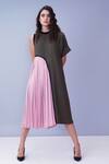 Buy_House Of Behram_Green Body  Moss Crepe, Pleats Satin Plain Round Colorblock Dress _Online_at_Aza_Fashions