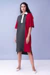 Buy_House Of Behram_Red 100% Mercerised Cotton Plain Shirt Collar Colorblock Dress _at_Aza_Fashions