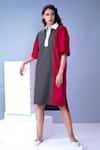 House Of Behram_Red 100% Mercerised Cotton Plain Shirt Collar Colorblock Dress _Online_at_Aza_Fashions