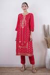 Shop_Avaha_Red Viscose Floral Woven Kurta Set_Online_at_Aza_Fashions