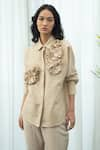 Pleats by Aruni_Beige Linen Embellished Floral Shirt Collar  _at_Aza_Fashions