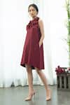 Shop_Pleats By Aruni_Maroon Jersey With Pleats Floral Round Dress _at_Aza_Fashions