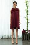 Pleats By Aruni_Maroon Jersey With Pleats Floral Round Dress _Online_at_Aza_Fashions