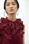 Buy_Pleats By Aruni_Maroon Jersey With Pleats Floral Round Dress _Online_at_Aza_Fashions